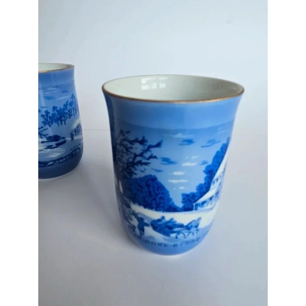 Vintage Currier & Ives Blue and White Mugs Winter Scenes